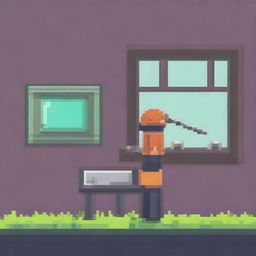 Create a pixel art image featuring a simple scene with a few tools like a hammer, wrench, and screwdriver