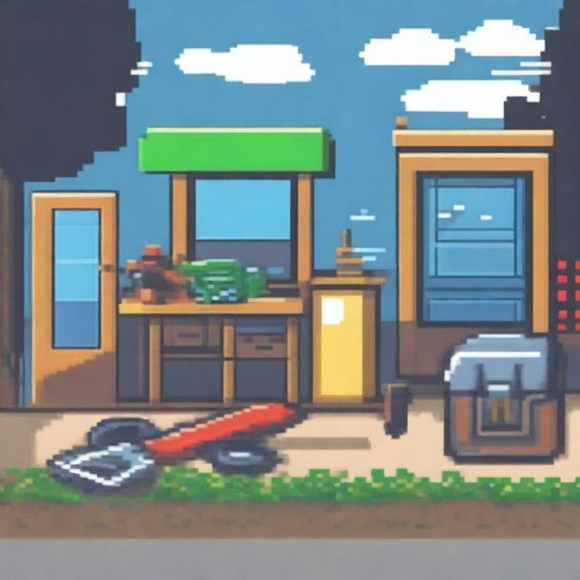 Create a pixel art image featuring a simple scene with a few tools like a hammer, wrench, and screwdriver