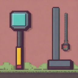 Create a pixel art image featuring a simple scene with a few tools like a hammer, wrench, and screwdriver