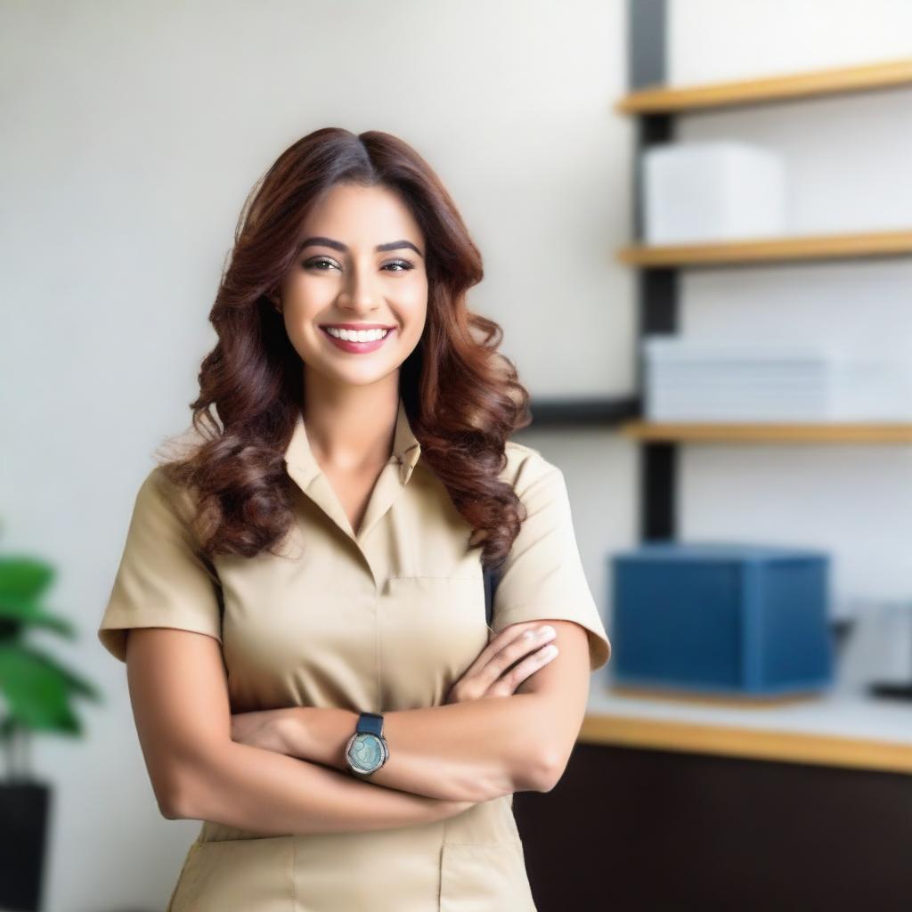 Uma pessoa sorridente fazendo um atendimento em um ambiente profissional