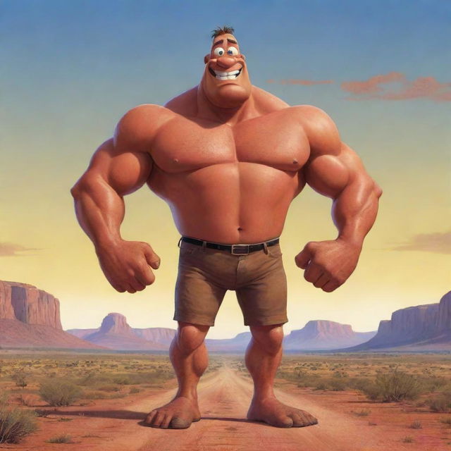 Illustration of a tall, muscular, comedic cartoon character named Big Lez in vibrant Australian outback setting