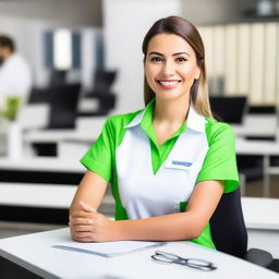 Uma pessoa sorridente fazendo um atendimento em um ambiente profissional