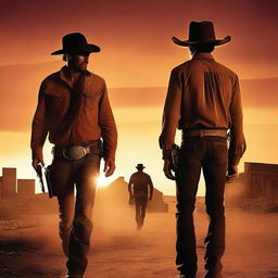 A dramatic book cover featuring two cowboys seeking revenge