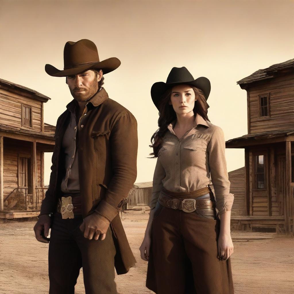 A storybook cover featuring a male and female cowboy staring at each other in the middle of a town, seeking revenge