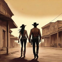 A storybook cover featuring a male and female cowboy staring at each other in the middle of a town, seeking revenge