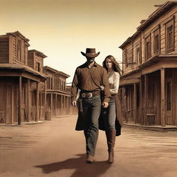 A storybook cover featuring a male and female cowboy staring at each other in the middle of a town, seeking revenge