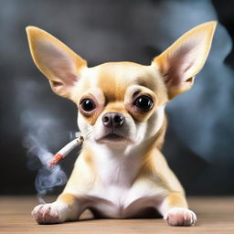 A realistic photograph of a chihuahua smoking a joint