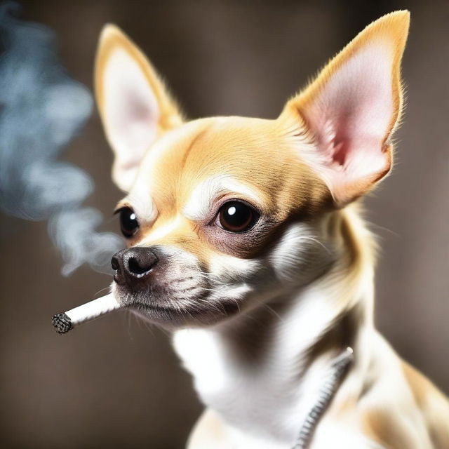 A realistic photograph of a chihuahua smoking a joint