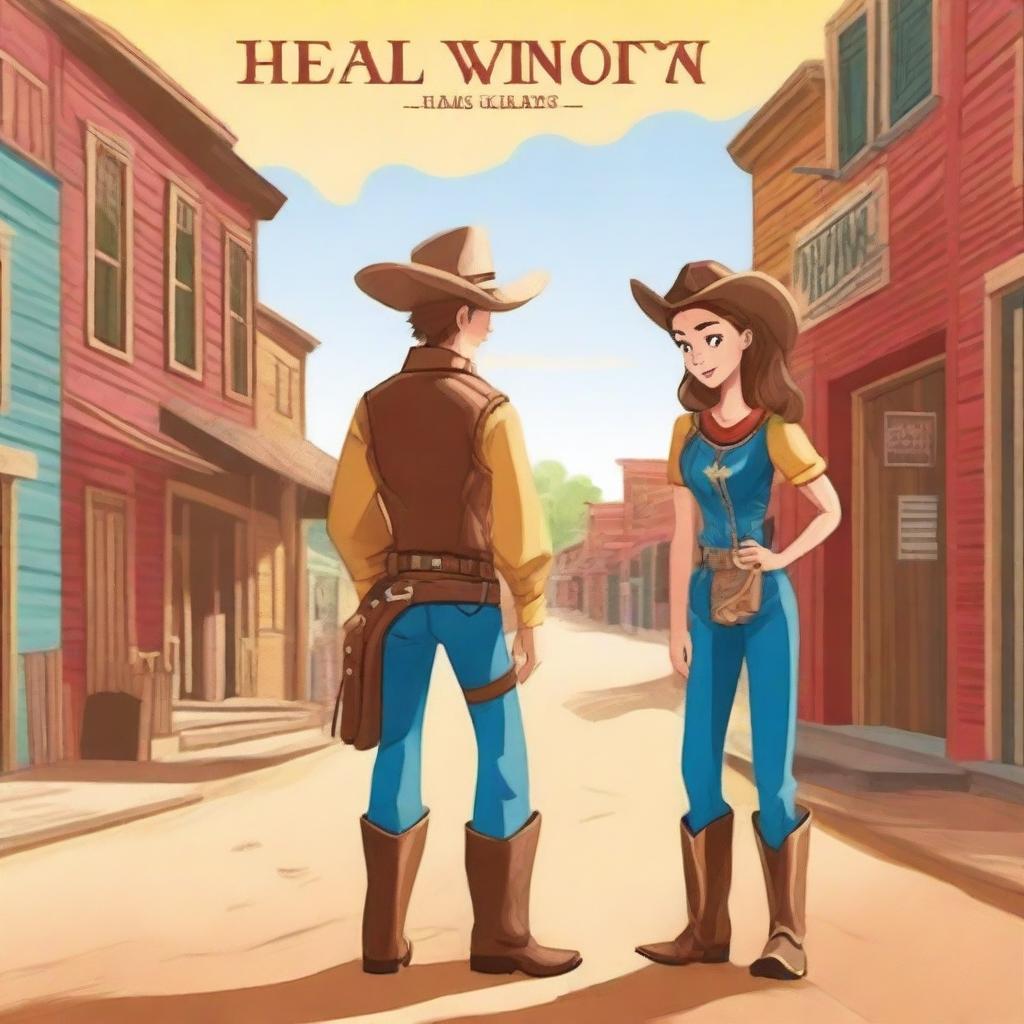 A children's storybook cover featuring a male and female cowboy facing each other in the middle of a town