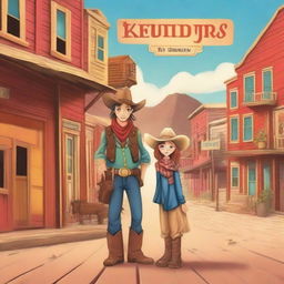 A children's storybook cover featuring a male and female cowboy facing each other in the middle of a town