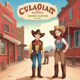 A children's storybook cover featuring a male and female cowboy facing each other in the middle of a town