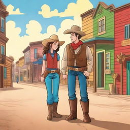 A children's storybook cover featuring a male and female cowboy facing each other in the middle of a town