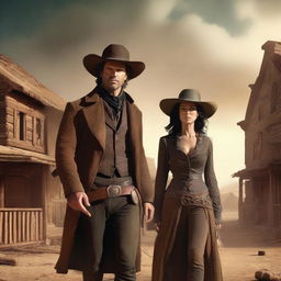 A fantasy storybook cover featuring a man and a woman seeking revenge in the old west for the death of their friend caused by the Black Death