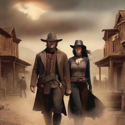 A fantasy storybook cover featuring a man and a woman seeking revenge in the old west for the death of their friend caused by the Black Death