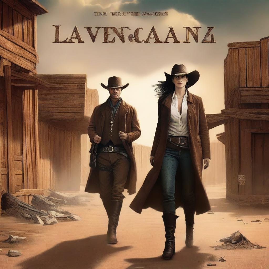 A fantasy storybook cover titled 'La Venganza' featuring a man and a woman seeking revenge in the old west for the death of their friend