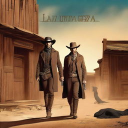 A fantasy storybook cover titled 'La Venganza' featuring a man and a woman seeking revenge in the old west for the death of their friend