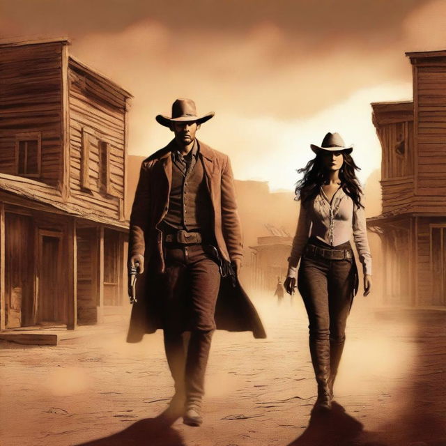 A fantasy storybook cover titled 'La Venganza' featuring a man and a woman seeking revenge in the old west for the death of their friend