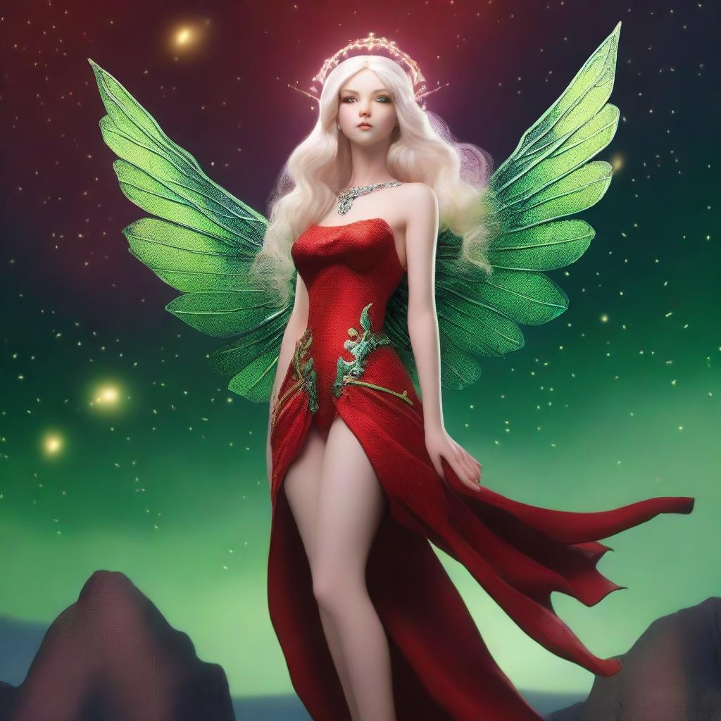 A beautiful fairy woman, 15cm tall, in DnD style with white skin, blonde hair, green eyes, green eagle wings, and mantis legs