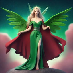 A beautiful fairy woman, 15cm tall, in DnD style with white skin, blonde hair, green eyes, green eagle wings, and mantis legs