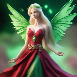 A beautiful fairy woman, 15cm tall, in DnD style with white skin, blonde hair, green eyes, green eagle wings, and mantis legs