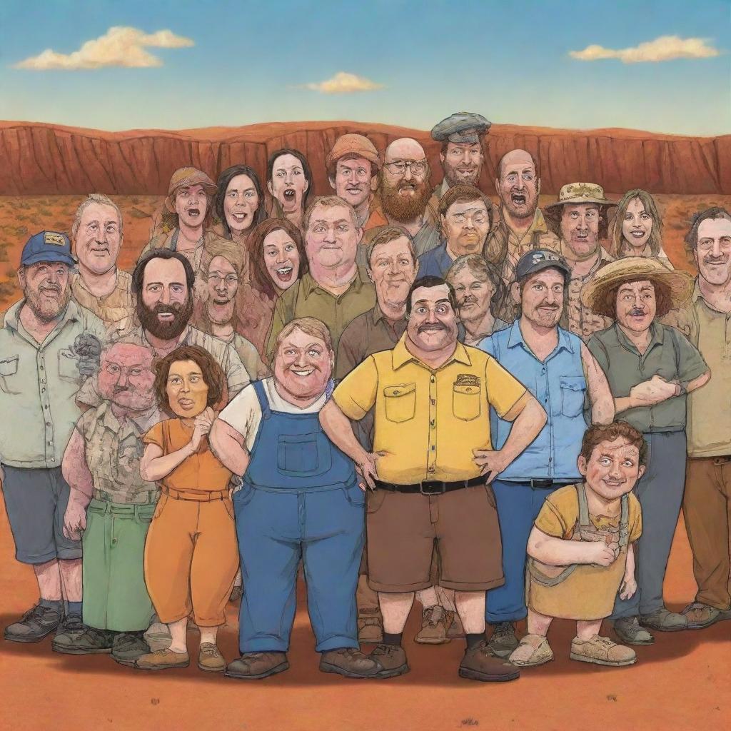 Cartoon depiction of the entire ensemble cast of 'The Big Lez Show', including Big Lez in an Australian outback backdrop