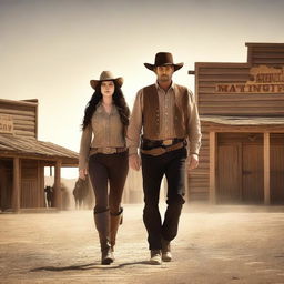 A storybook cover featuring a man and a woman in an old western town with horses and desert dust