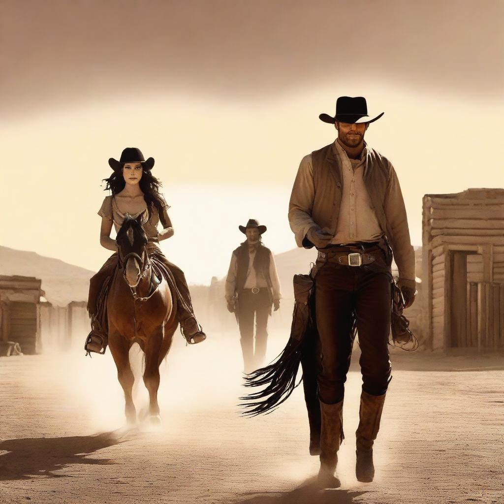 A storybook cover featuring a man and a woman in an old western town with horses and desert dust