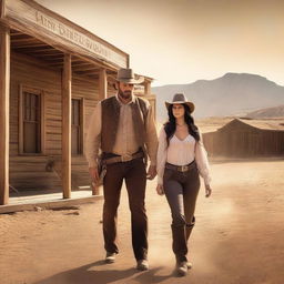 A storybook cover featuring a man and a woman in an old western town with horses and desert dust