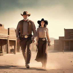 A storybook cover featuring a man and a woman in an old western town with horses and desert dust