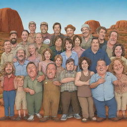 Cartoon depiction of the entire ensemble cast of 'The Big Lez Show', including Big Lez in an Australian outback backdrop