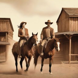 A school project cover featuring a man and a woman from the old west, riding horses as they leave a town in search of revenge