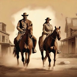 A school project cover featuring a man and a woman from the old west, riding horses as they leave a town in search of revenge