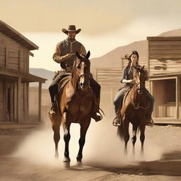 A school project cover featuring a man and a woman from the old west, riding horses as they leave a town in search of revenge