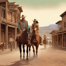 A school project cover featuring a man and a woman from the old west, riding horses as they leave a town in search of revenge