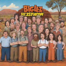 Cartoon depiction of the entire ensemble cast of 'The Big Lez Show', including Big Lez in an Australian outback backdrop