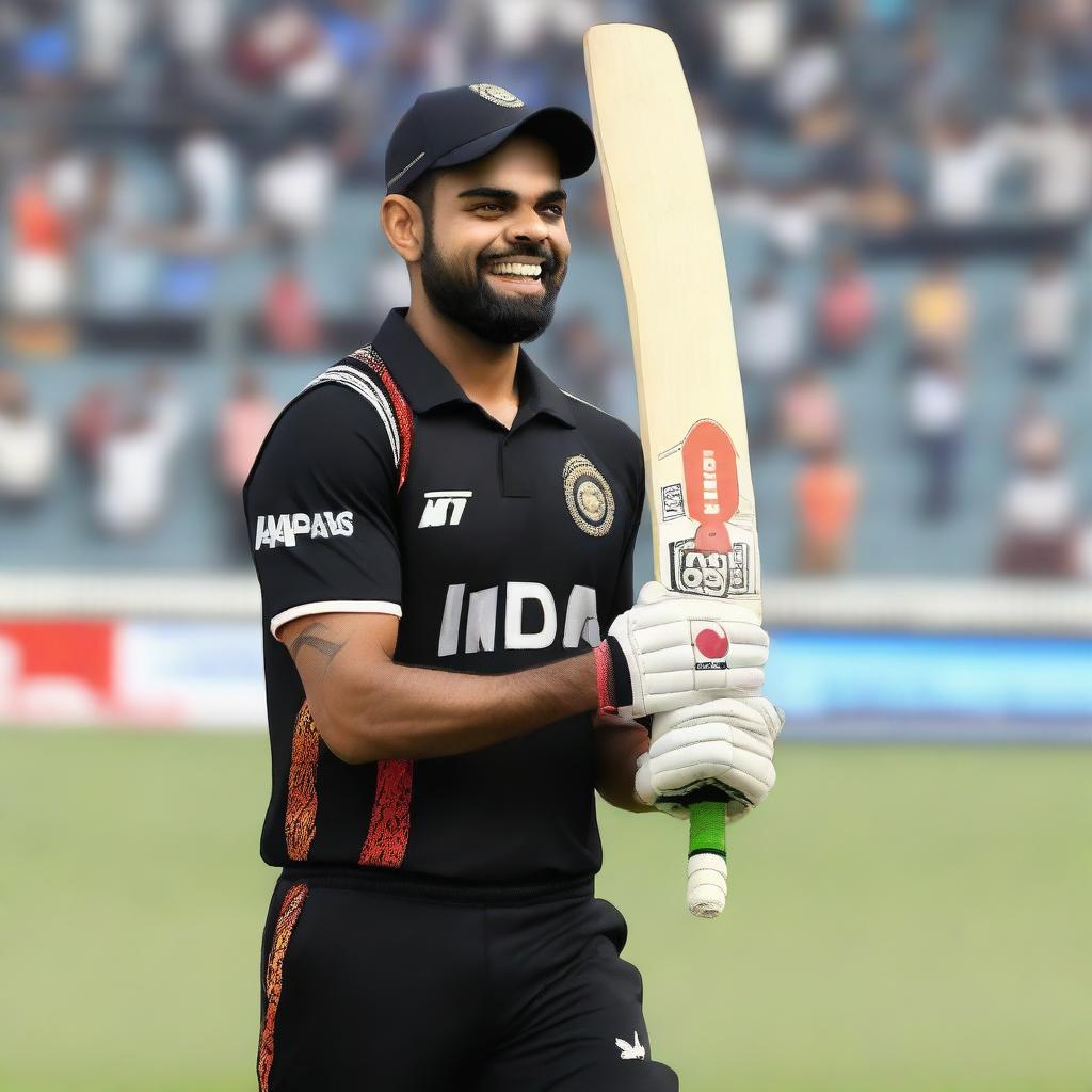 Virat Kohli, the famous Indian cricketer, wearing a Black Caps Cricket Jersey