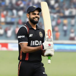 Virat Kohli, the famous Indian cricketer, wearing a Black Caps Cricket Jersey