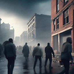 A chaotic scene of a zombie apocalypse in a deserted urban area