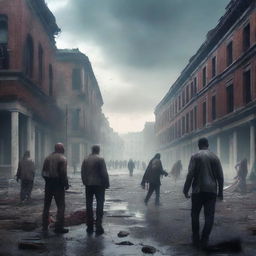 A chaotic scene of a zombie apocalypse in a deserted urban area