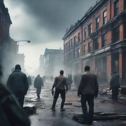 A chaotic scene of a zombie apocalypse in a deserted urban area