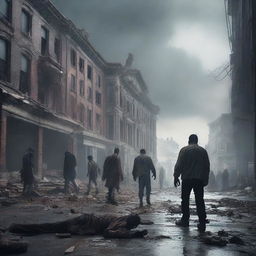 A chaotic scene of a zombie apocalypse in a deserted urban area