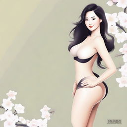 Create an image of a slim, curvy Asian woman