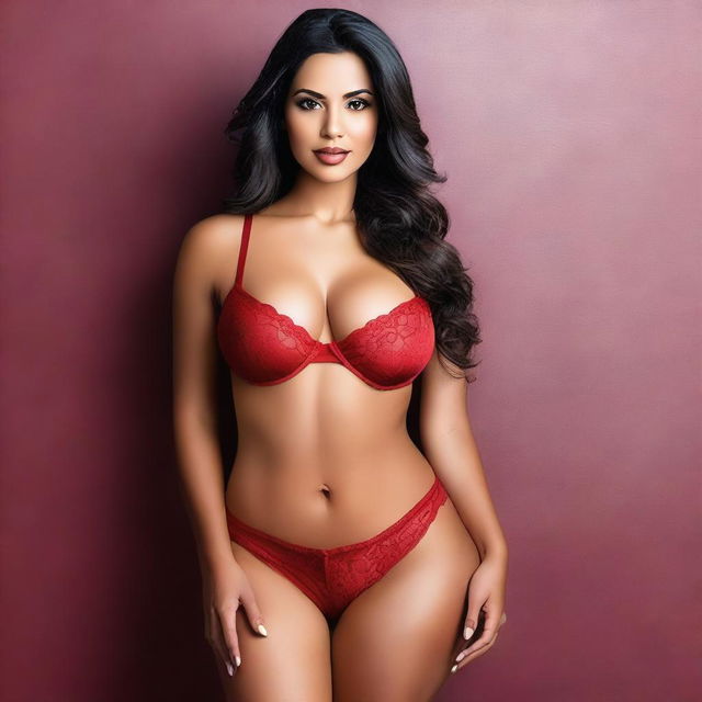 Create an image of a sexy, slim, curvy Latina woman with a voluptuous figure, wearing red lingerie