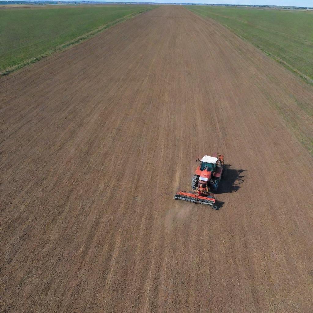 A diligent tractor sowing seeds in a vast, expansive field under the clear blue sky.