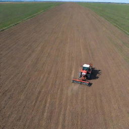 A diligent tractor sowing seeds in a vast, expansive field under the clear blue sky.