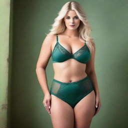 Create an image of a sexy, slim, curvy blonde woman with a voluptuous figure, wearing green lingerie