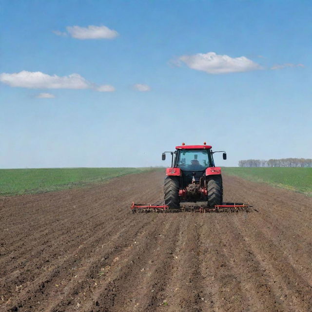 A diligent tractor sowing seeds in a vast, expansive field under the clear blue sky.