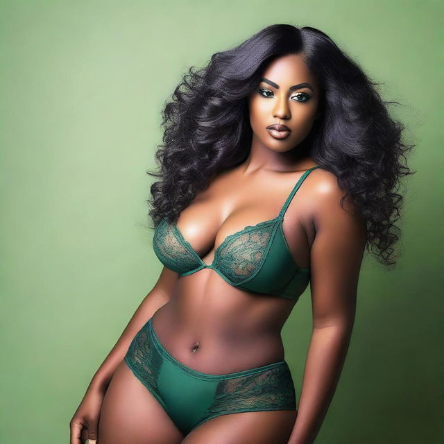 Create an image of a sexy, slim, and curvy ebony woman with a voluptuous figure, wearing green lingerie