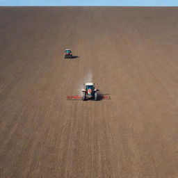 A diligent tractor sowing seeds in a vast, expansive field under the clear blue sky.