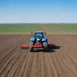 A diligent tractor sowing seeds in a vast, expansive field under the clear blue sky.